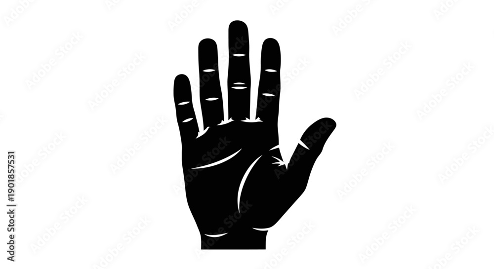 Fototapeta premium A black silhouette of an open human hand with fingers spread wide against a white background.