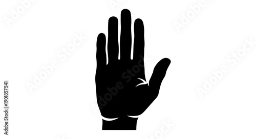 A black silhouette of a hand with fingers spread apart, showing a ring on the ring finger.