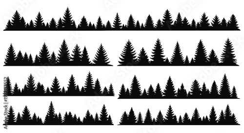 Collection of silhouetted evergreen trees forming forest borders and decorative elements.