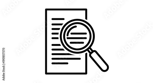 A black and white line drawing of a document being examined under a magnifying glass.