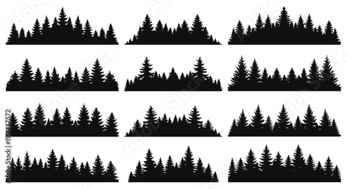 A collection of twelve diverse black silhouette illustrations of coniferous forest tree lines against a white background.