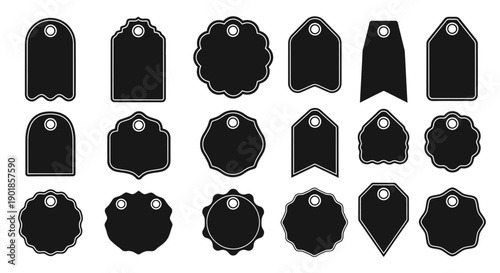 A collection of various black blank price tags and labels with different shapes and designs, isolated on a white background.