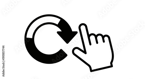A black and white icon depicting a hand cursor interacting with a circular arrow symbol.