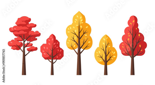 A collection of five stylized trees with vibrant red and yellow autumn foliage, set against a white background.