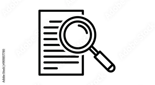 A black and white line drawing of a document with a magnifying glass over it.