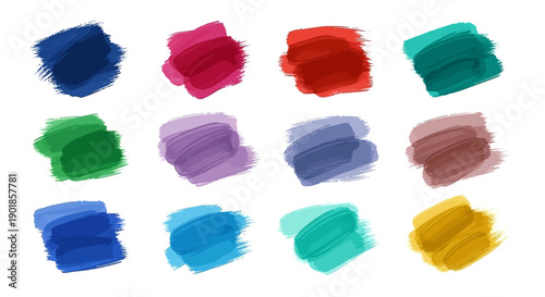 A collection of twelve colorful paint strokes arranged in a grid on a white background.