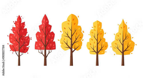A collection of five stylized trees with vibrant red and yellow autumn foliage, set against a white background.