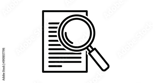 A black and white illustration of a magnifying glass hovering over a document.