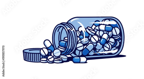 A blue glass medicine bottle tipped over, spilling its contents of white and blue pills onto a white surface.