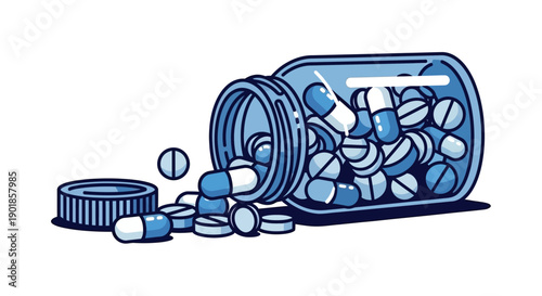 A blue-tinted illustration of a clear glass medicine bottle tipped over, spilling its contents of various pills and capsules onto a white surface.