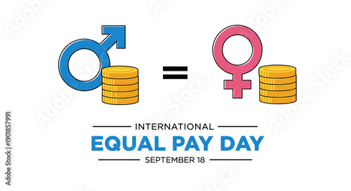 International Equal Pay Day graphic illustrating the concept of equal pay for equal work with male and female symbols and stacks of coins.