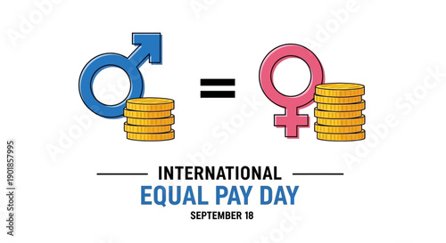 International Equal Pay Day illustration showing male and female symbols with equal stacks of coins, symbolizing gender pay equality.