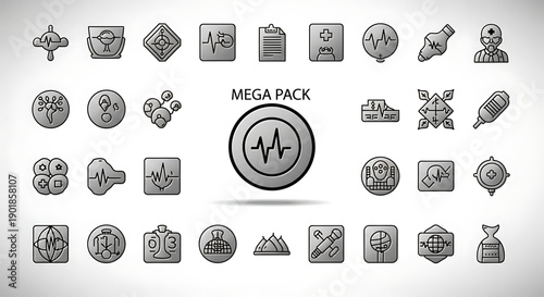 Collection of various business and technology icons in a mega pack including symbols for health finance and communication on a white background