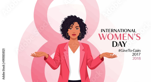 International Women's Day illustration featuring a woman in a pink blazer with the number 8 in the background.