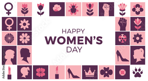 Happy Women's Day graphic with symbols of empowerment and femininity.