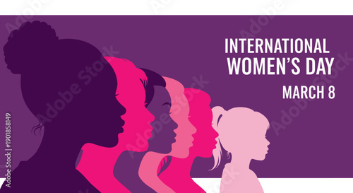 International Women's Day celebrated with diverse silhouettes of women and girls in shades of purple and pink.