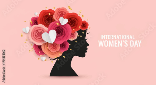 Silhouette of a woman's head adorned with vibrant roses and hearts, celebrating International Women's Day.