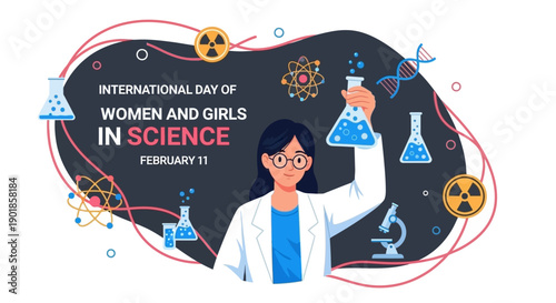 International Day of Women and Girls in Science illustration featuring a woman in a lab coat holding a flask with scientific symbols.
