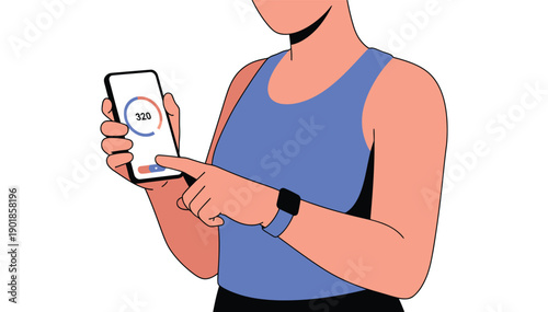 A young woman using a mobile device to track her fitness and health with a fitness tracker on wrist