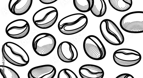 Seamless Pattern of Hand-Drawn Coffee Beans, Stylized Engraving Effect on White Background