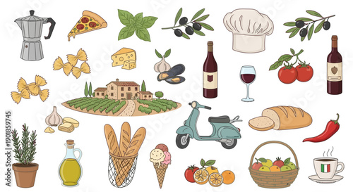 Italian Food and Drink Assortment with Villa, Scooter, and Coffee Cup