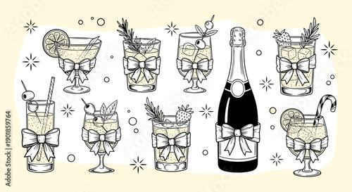 Festive Champagne Bottle and Cocktails with Bows, Celebrating Holidays