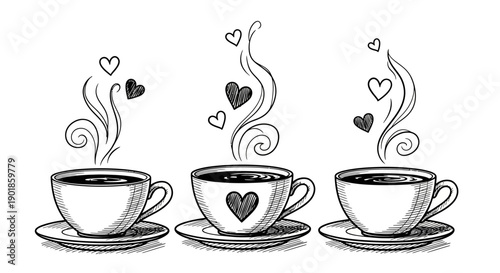 Three Cups of Hot Coffee with Steam and Hearts Drawing in Sketch Style