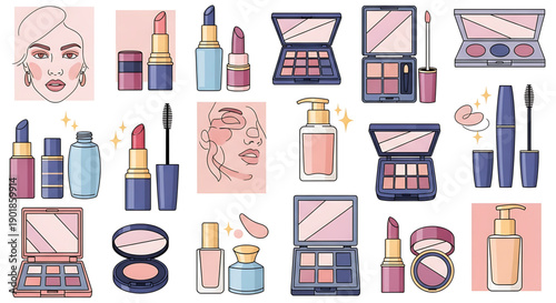 Collection of colorful makeup products and beauty tools on white background