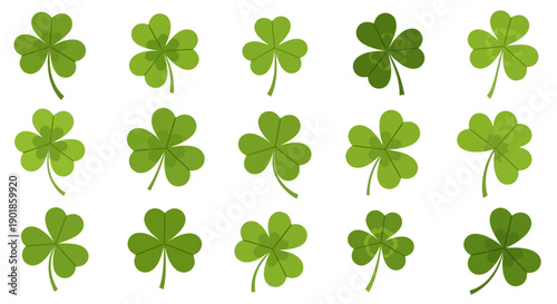 Collection of Green Clover Leaves and Shamrock Symbols on White Background