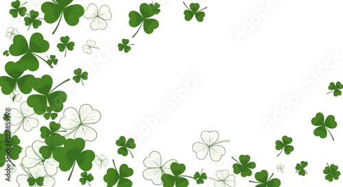 Green and outline shamrock clover leaves scattered on white background for St. Patrick's Day