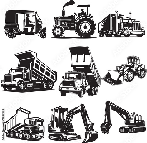 Construction machinery icon set featuring tractors, excavators, trucks, and other heavy industrial vehicles.
