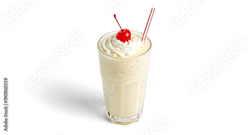 vanilla milkshake with straw isolated on white background, creamy dessert drink and refreshment concept