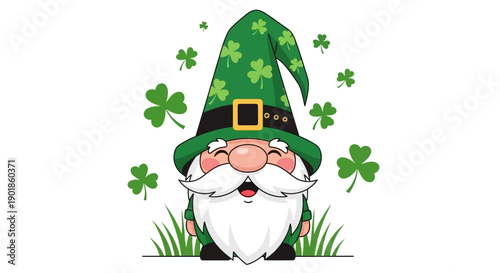 Happy St. Patrick's Day Gnome Surrounded by Lucky Clover Shamrocks in Spring Grass