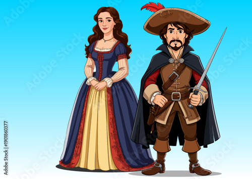 065-49-Cartoon man holding a sword beside a woman in a blue historical dress
