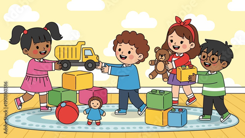 Diverse children playing together with toys, building blocks and truck