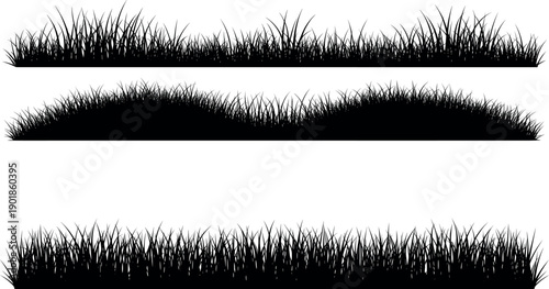 Detailed black grass border silhouette collection featuring various meadow turf and field lawn textures for nature landscape and outdoor garden design.