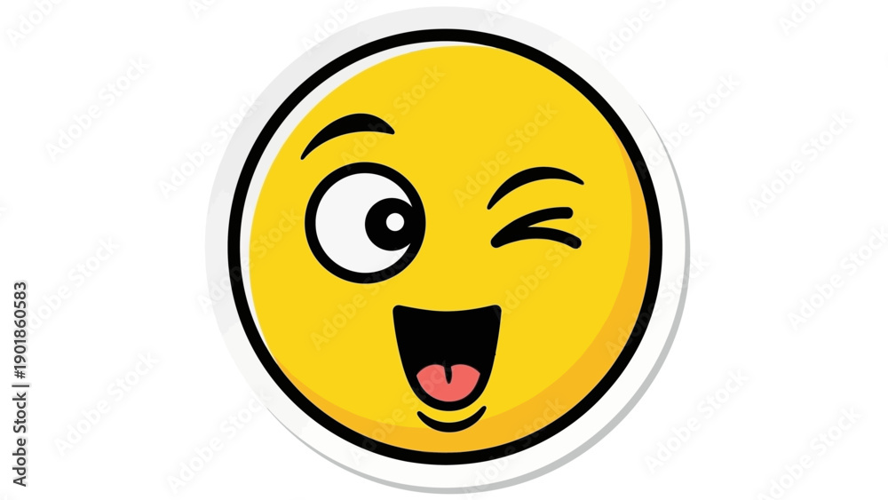 Fototapeta premium Funny Winking Emoji Face Sticker, Cartoon Style, Happy Expression