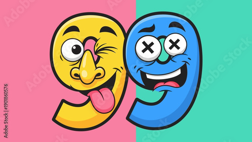 Funny Cartoon Numbers 99 with Faces - Crazy and Wacky Expressions