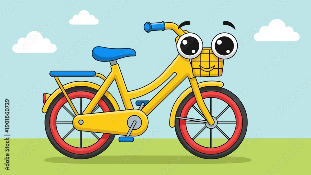Fototapeta premium Happy Cartoon Bicycle Character with Big Eyes and Basket, Outdoor Scene