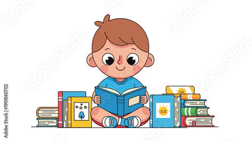 Happy Boy Reading Books, Stacked Books, Childhood Education, Imagination