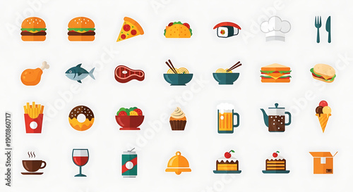 Colorful food and drink icons set including burgers sushi desserts and beverages on white background for culinary concepts