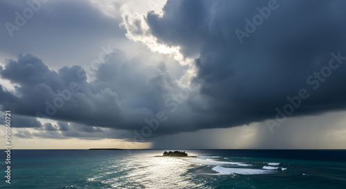Aerial view of Maldives during monsoon storm dramatic clouds and moody sea