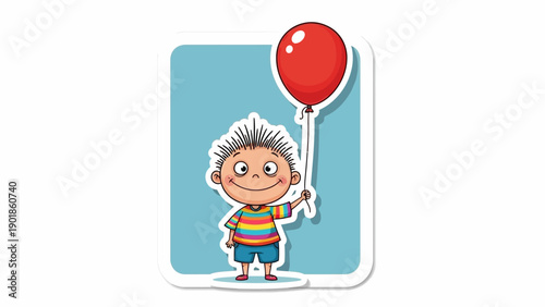 Happy Cartoon Boy Holding Red Balloon, Cheerful Child, Isolated on Blue Background