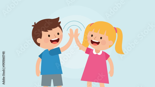 Happy cartoon children giving high five, friendship, success, celebration, teamwork, vector illustration