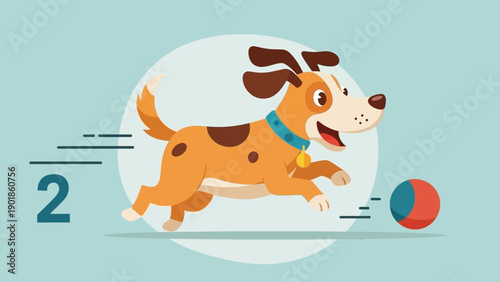 Happy cartoon dog running with ball, playful pet illustration, flat design