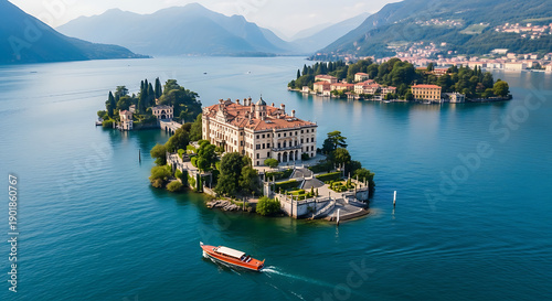 Drone view of Lake Maggiore Borromean Islands palaces and subtropical gardens Italy