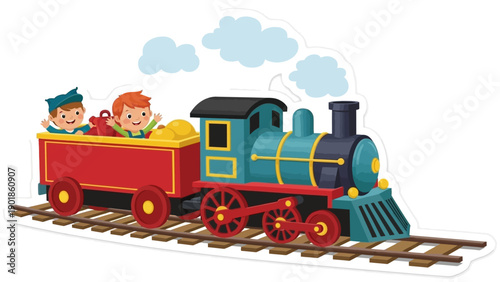 Happy Children Riding a Toy Train on Tracks