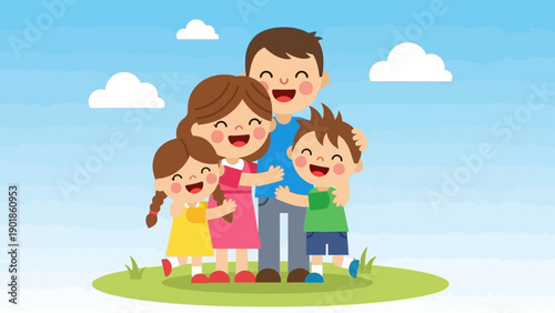 Happy Family Hugging Outdoors With Blue Sky and Clouds Illustration