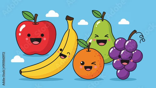 Happy Fruits Cartoon Characters on Blue Sky Background