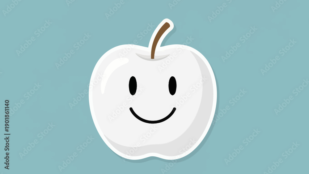 Obraz premium Happy White Apple Character with Smiling Face on Blue Background
